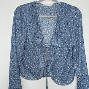 Abercrombie & Fitch Blue Long-Sleeve Tie-Front Ruffle Top